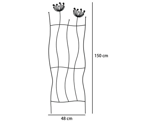 Čierna kovová opora na popínavé rastliny s motívom púpavy, rozmery 150 centimetrov na výšku a 48 centimetrov na šírku.