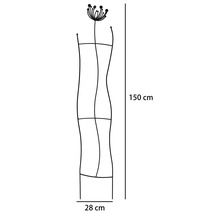 Čierna kovová opora pre rastliny vo vlnitom tvare s motívom kvetu, výška 150 centimetrov, šírka 28 centimetrov.