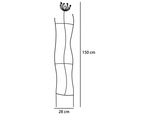 Čierna kovová opora pre rastliny vo vlnitom tvare s motívom kvetu, výška 150 centimetrov, šírka 28 centimetrov.