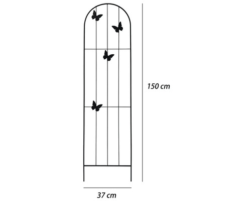 Opora pre popínavé rastliny z kovu s motívom motýľov, výška 150 centimetrov a šírka 37 centimetrov.