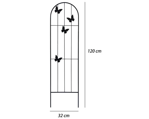 Kovová mriežka na popínavé rastliny s dekorom motýľov, oblúková, výška 120 centimetrov, šírka 32 centimetrov.