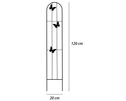 Kovová opora na popínavé rastliny s motýľmi, výška 120 centimetrov, šírka 20 centimetrov.