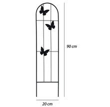 Kovová opora pre popínavé rastliny s dekorom motýľov, oblúková, výška 90 centimetrov, šírka 20 centimetrov.