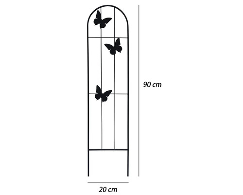 Kovová opora pre popínavé rastliny s dekorom motýľov, oblúková, výška 90 centimetrov, šírka 20 centimetrov.