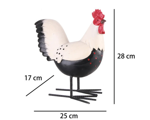 Dekoratívna kovová figúrka kohúta, bielo-čierna s červeným hrebeňom, výška 28 centimetrov, šírka 25 centimetrov, hĺbka 17 centimetrov.