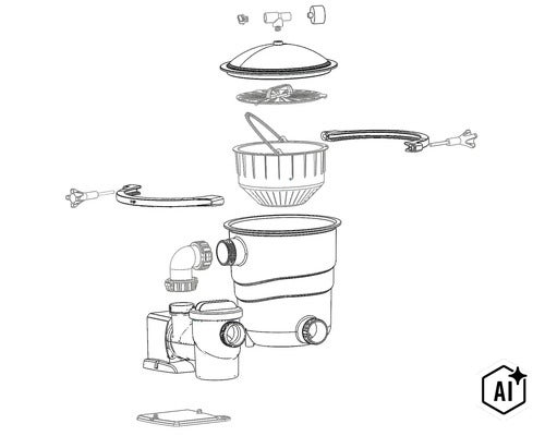 Rozložený výkres bazénovej filtrácie s čerpadlom, filtračnou nádobou, košíkom, vekom a spojovacími dielmi. (Image AI modified or generated)