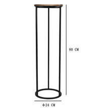 Stojan na kvety s drevenou doskou a kovovým rámom, výška 80 centimetrov a priemer 24 centimetrov.