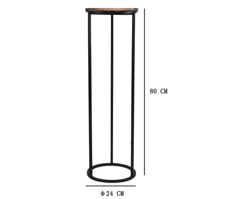 Stojan na kvety s drevenou doskou a kovovým rámom, výška 80 centimetrov a priemer 24 centimetrov.