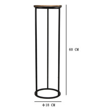 Okrúhly stojan na kvety z kovu s drevenou doskou, výška 60 centimetrov, priemer 18 centimetrov.