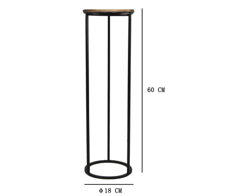 Okrúhly stojan na kvety z kovu s drevenou doskou, výška 60 centimetrov, priemer 18 centimetrov.