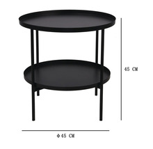 Okrúhly kovový príručný stolík s dvoma policami, priemer 45 centimetrov, výška 45 centimetrov.