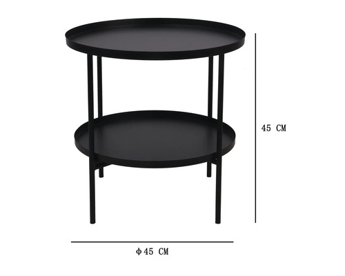 Okrúhly kovový príručný stolík s dvoma policami, priemer 45 centimetrov, výška 45 centimetrov.