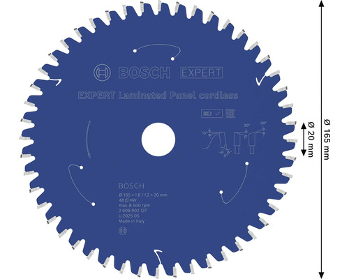 Pílový kotúč Bosch Expert Laminated Panel cordless s priemerom 165 milimetrov a otvorom 20 milimetrov pre akumulátorové ručné okružné píly