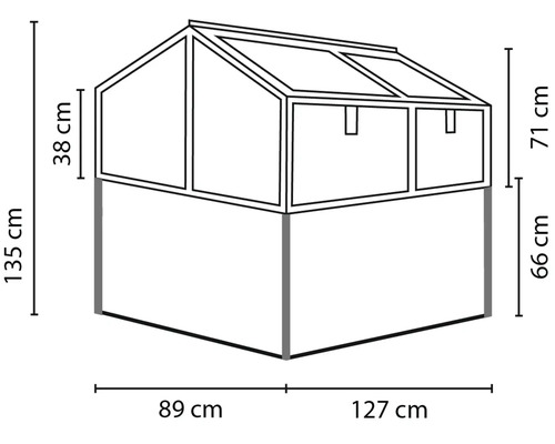 Čiarový nákres skleníka pre vyvýšené záhony s podrobnými rozmermi v centimetroch.