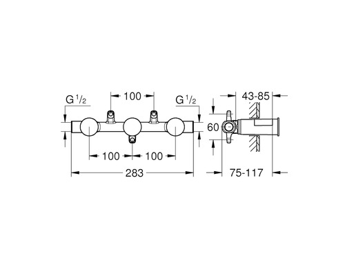 Technický nákres sprchovej armatúry s rozmermi