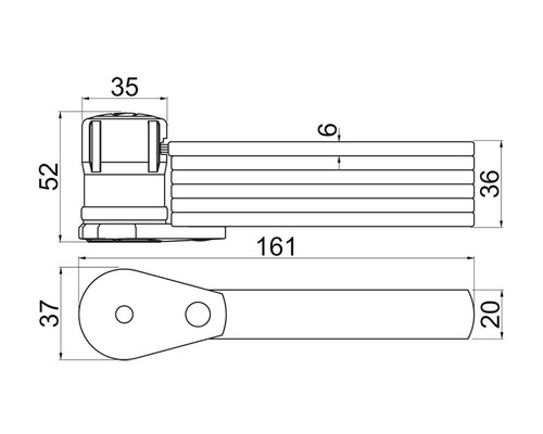 Technický nákres okenné kľučky s rozmermi