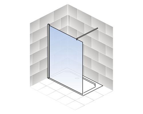 Sprchovací kút so sklenenou stenou a sprchovacou vaničkou v kúpeľni.