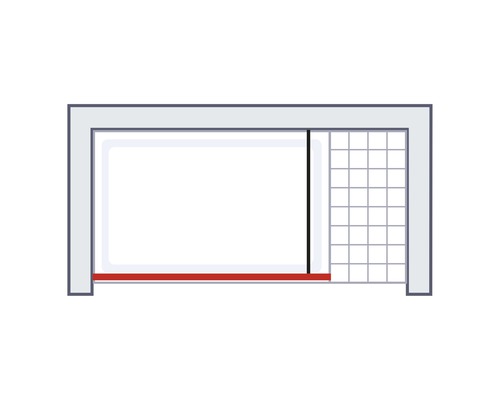 Schéma zapusteného sprchovacieho systému s posuvnými dverami a pevnou bočnou stenou