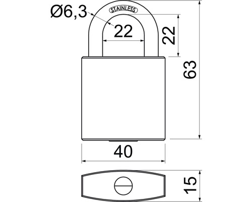 Technický nákres visiaceho zámku s rozmermi