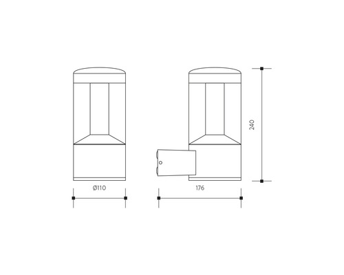 Technický nákres stĺpikového svietidla s rozmermi priemeru 110 mm, dĺžky 176 mm a výšky 240 mm.