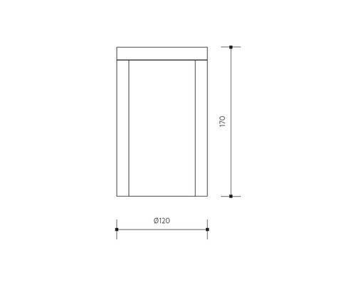 Technický nákres nástennej lampy s rozmermi 170 milimetrov na výšku a 120 milimetrov v priemere.