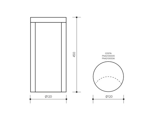 Technický nákres objektu COSTA s rozmermi 450 milimetrov na výšku a 120 milimetrov v priemere