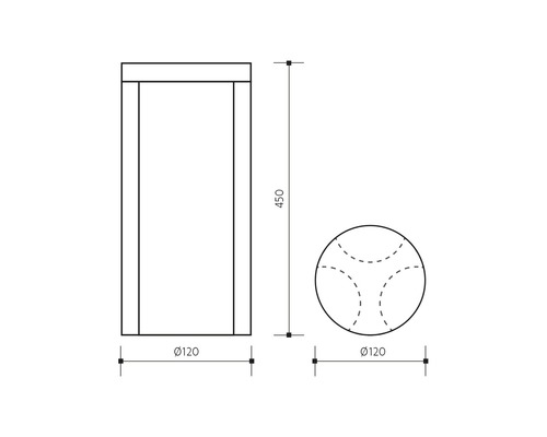 Technický nákres kúpeľňového nábytku s rozmermi 450 mm výška a 120 mm priemer