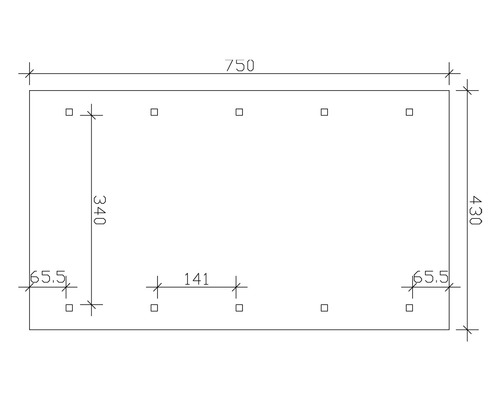 Technický výkres s rozmermi obdĺžnikového objektu, 750 x 430 mm