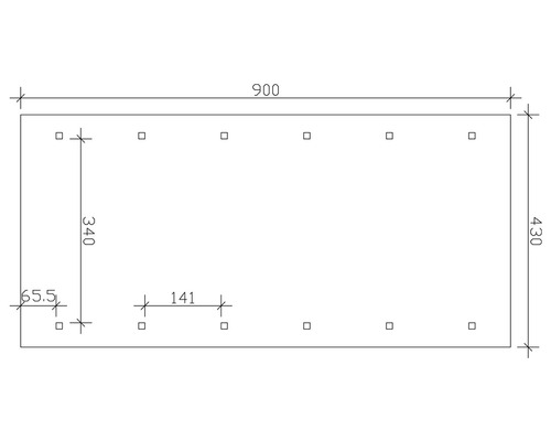 Technický nákres dosky s rozmermi 900 x 430 mm a vŕtanými otvormi