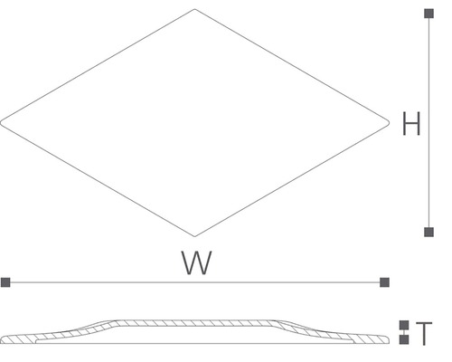 Schéma kosoštvorcovej rozety s výškou, šírkou a hĺbkou.