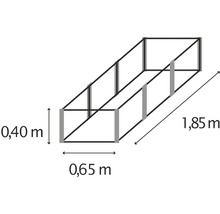 Ilustrácia vyvýšeného záhona s rozmermi 0,40 metra na výšku, 0,65 metra na šírku a 1,85 metra na dĺžku