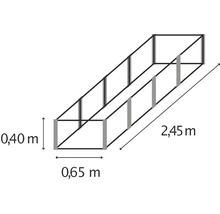 Pohľad zhora na stavebnicu pre vyvýšený záhon s rozmermi 0,40 metra krát 0,65 metra krát 2,45 metra.