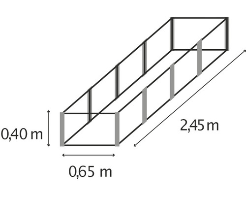 Pohľad zhora na stavebnicu pre vyvýšený záhon s rozmermi 0,40 metra krát 0,65 metra krát 2,45 metra.