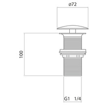 Technický nákres vypúšťacieho ventilu s rozmermi 72 mm v priemere a 100 mm na výšku a špecifikáciou G1 1/4
