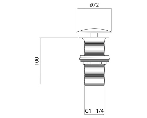 Technický nákres umývadlovej zátky s priemerom 72 mm a výškou 100 mm
