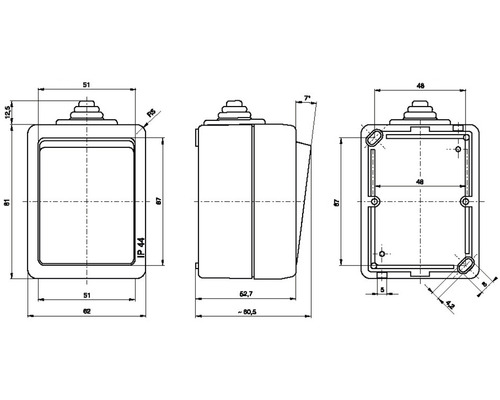 Technický nákres spínača s rozmermi