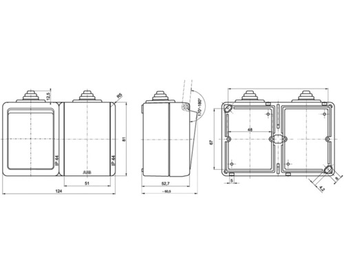 Technický výkres dvojitého povrchového spínača s rozmermi
