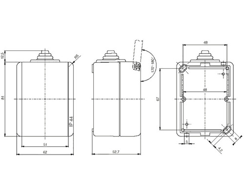 Technický nákres rozvodnej skrinky s rozmermi.