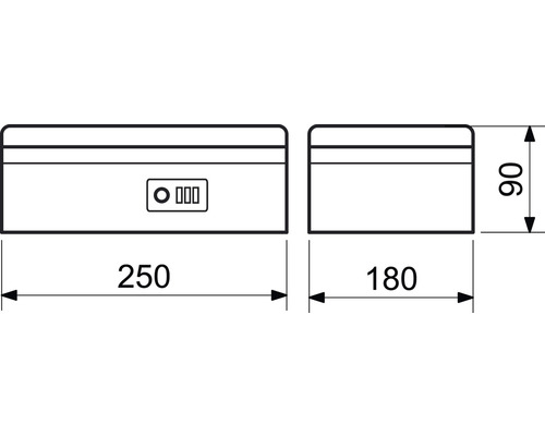 Technický nákres trezora na kľúče s rozmermi 250 x 180 x 90 milimetrov
