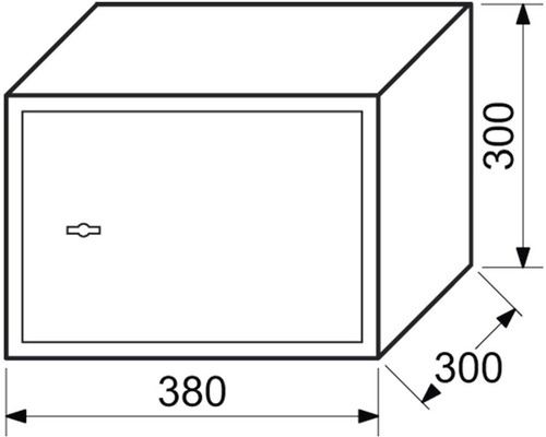 Ilustrácia trezora s rozmermi 380 x 300 x 300 milimetrov.