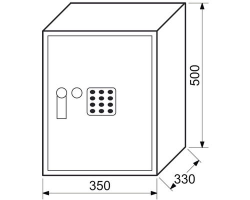 Ilustrácia trezoru s rozmermi 500 x 350 x 330 mm
