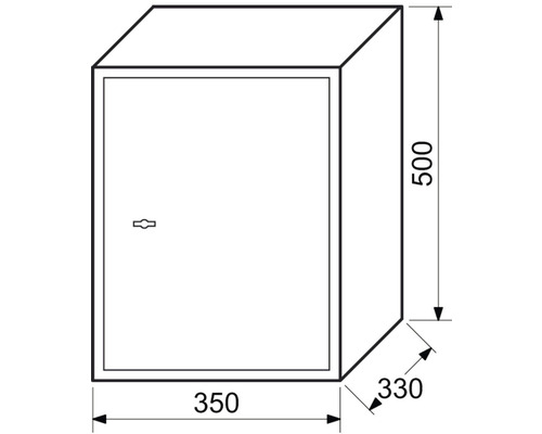 Technický nákres trezora s rozmermi 500 x 350 x 330 milimetrov
