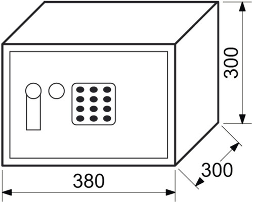 Obrázok trezoru s rozmermi 380 x 300 x 300 mm.