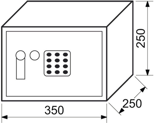 Obrázok trezoru s rozmermi 350 x 250 x 250 milimetrov.