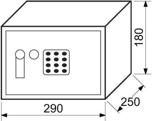 Nákres trezoru s rozmermi 290 x 250 x 180 milimetrov