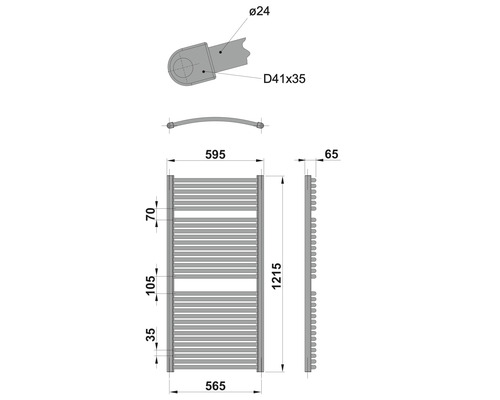 Technický nákres kúpeľňového radiátora s rozmermi