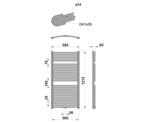 Technický výkres vykurovacieho telesa s rozmermi