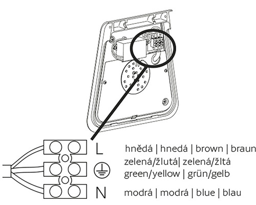 Schéma elektrickej inštalácie s pokynmi pre hnedé, zelené, žlté a modré káble.