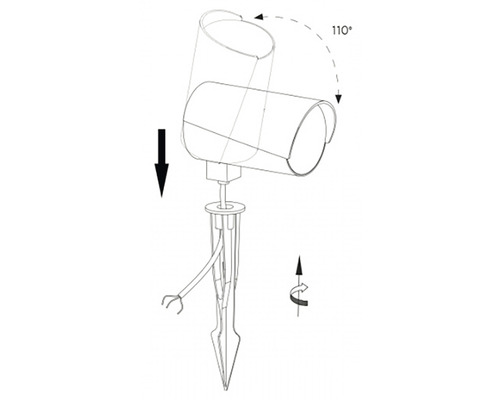 Diagram záhradného svietidla so zemným hrotom a nastaviteľnou hlavou svietidla o 110 stupňov