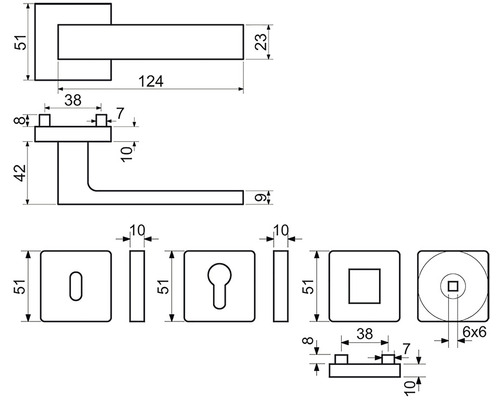 Technický nákres kľučky dverí s rozmermi